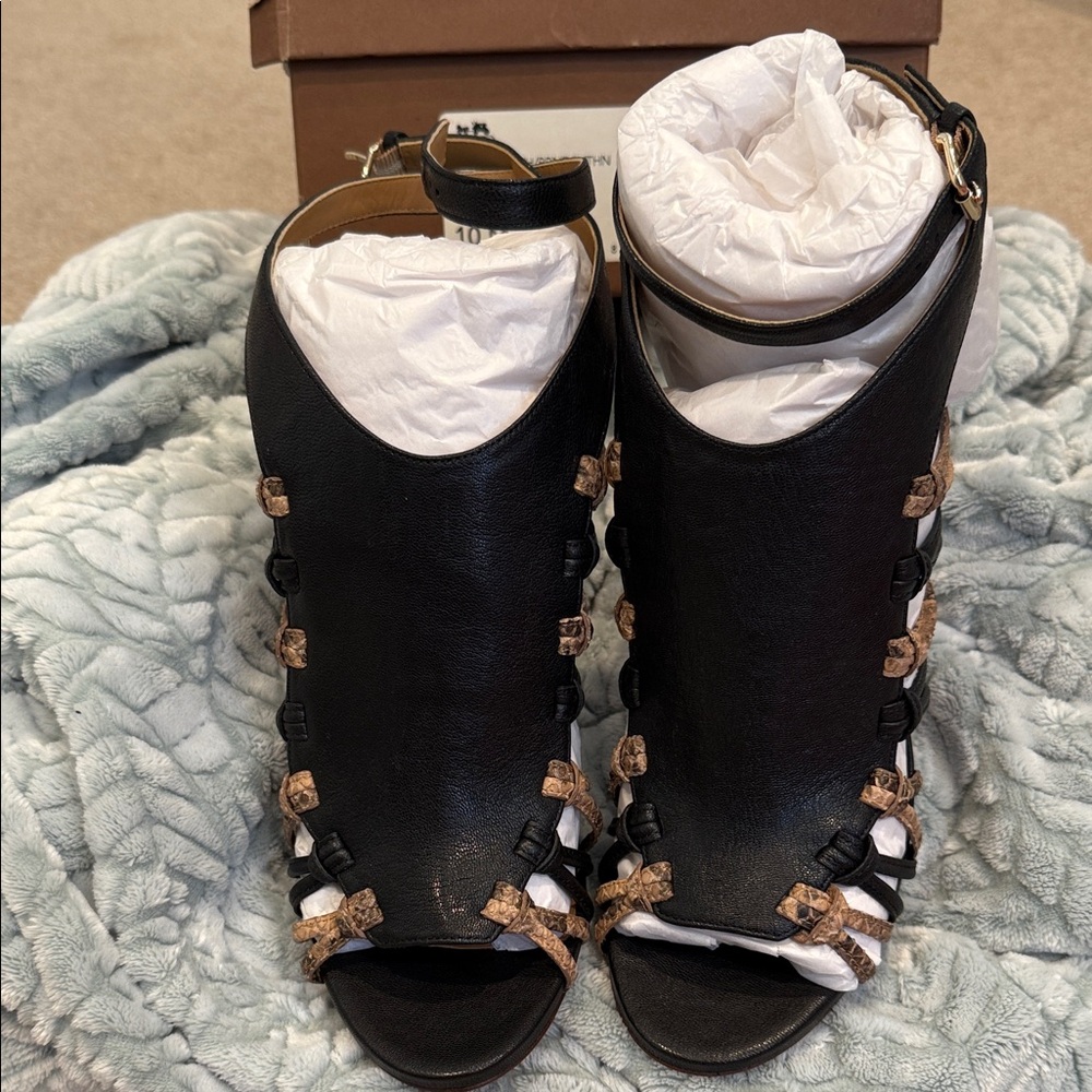 Coach Black and Tan Open-Toe Heels